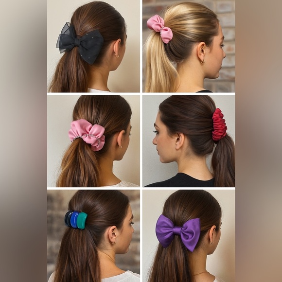 7-Pc Y2K Hair Accessory Bundle — Satin Bow Barrettes, Red Ruched Banana Clip - Picture 1 of 15